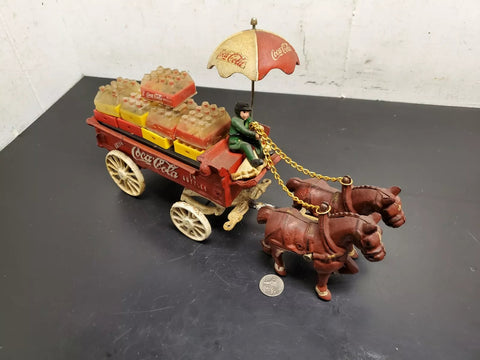Cast Iron Coca-Cola Two[2] Horse Drawn Wagon W/ Umbrella Crates & Bottles Rare!
