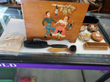 Antique Wood Shoe Shine Box Vintage Graphics Heart Brushes Polishing cloth Acc