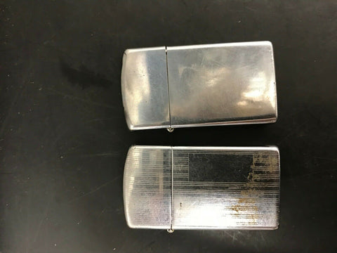2 VINTAGE ZIPPO SLIM LIGHTERS 1962 1975 STRIPES PLAIN TOBACCIANA MOVIE SET