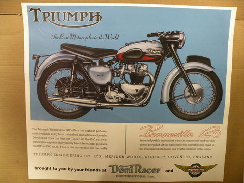 Vintage Classic Triumph Bonneville t120 Advertisement Poster motorcycle pre unit