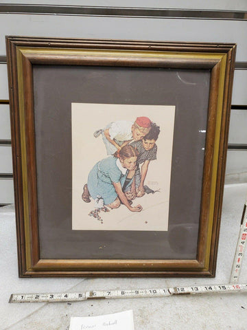 Vintage 1950's Norman Rockwell Painting Knuckles Down Marbles Framed Litho Print