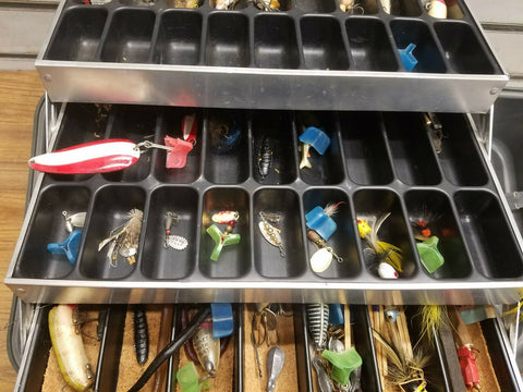 Vtg Lot Box Fishing Lures Bait Line Hooks 50's 60's USA ANTIQUE Spinners Heddon