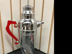 VTG CHROME COCKTAIL SHAKER RED LUCITE HANDLE SPOUT BARWARE MOVIE PROP TAVERN BAR
