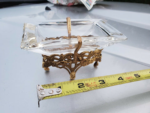 Ashtray Glass Brass Bottom legs Pedestal Table Ornate Fancy Vtg Classy Victorian