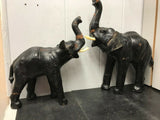 2 VINTAGE ELEPHANTS 1970'S LEATHER GLASS EYES W/TUSKS 14" & 11 1/2" ANTIQUE