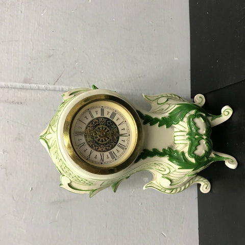 Vintage Mini Mantle Wind Up Clock Hand Painted By Karen Germany White & Green