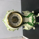 Vintage Mini Mantle Wind Up Clock Hand Painted By Karen Germany White & Green