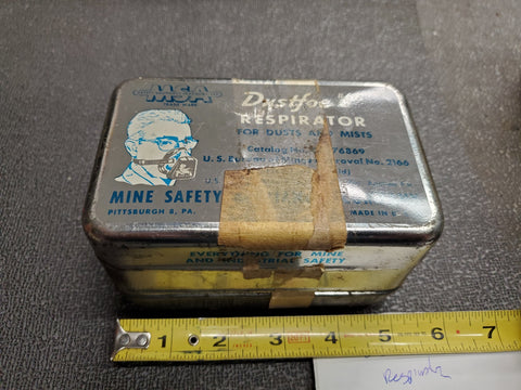 Vintage MSA Face Mask Dust Mine Equipment Safety Pgh Tin Box Filters Antique