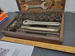 Vintage Mossburg Deluxe tool Kit Wood Box Ratchet Wrench set 1922 Mechanic Socke