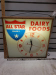 Vtg All Star Dairy Clock Sign Advertising Light up Antique General Station Store