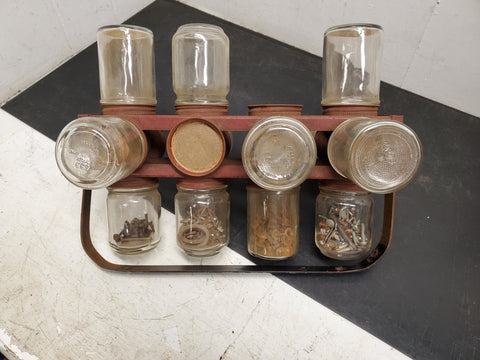 Vintage red steel glass jar nut bolts screws organizer storage bin garage décor