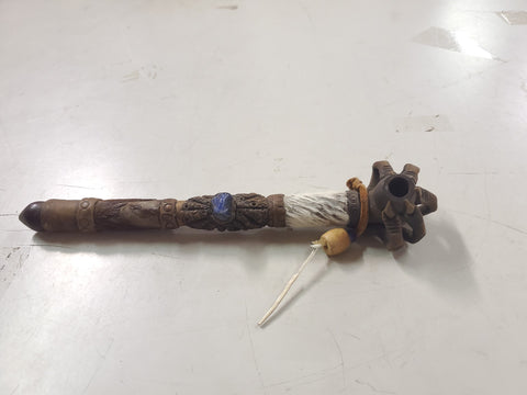 Vtg Novelty Peace Pipe Lapis Stone Leather Clay Claw Hide wooden 11 1/2"