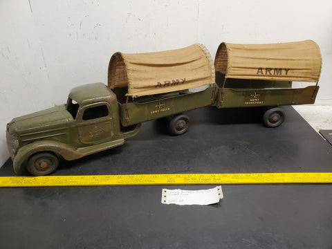 1930's VINTAGE BUDDY L ARMY TRUCK AND TRANSPORT TRAILER RARE ORIGINAL CANVAS
