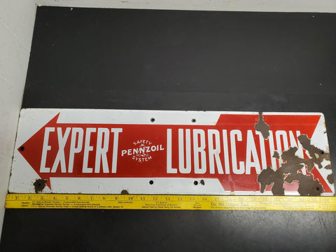 Vtg Porcelain Pennzoil Arrow Sign: “EXPERT LUBRICATION, SAFETY SYSTEM" Rare