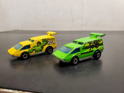 2 loose Hong Kong Hot Wheels Green Spoiler Sport & Incredible Hulk yellow cars