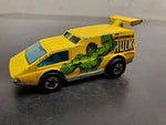 2 loose Hong Kong Hot Wheels Green Spoiler Sport & Incredible Hulk yellow cars
