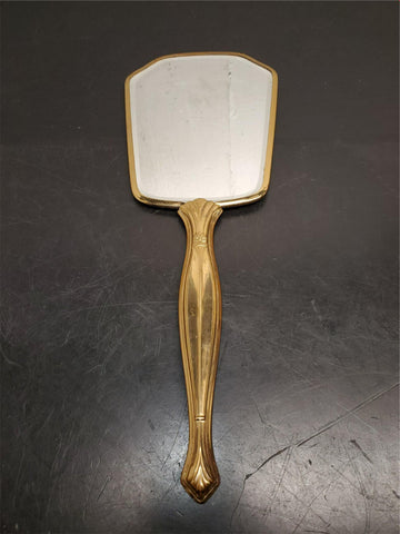 Vintage French Hand Mirror, Brass Vanity Dresser Mirror with Heart and Flowers