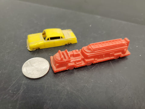 VINTAGE LOT OF 2 PLASTIC MODELS FEATURING YELLOW CADILLAC & RED FIRE TRUCK