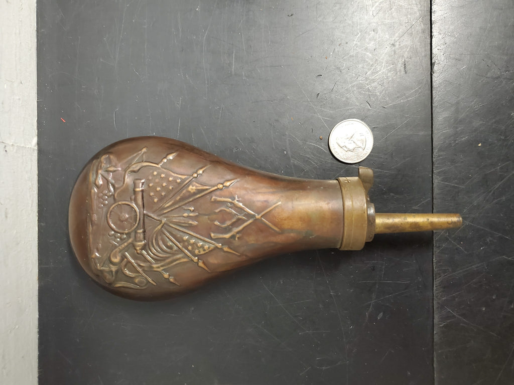 Antique Copper & Brass Embossed Black Powder Flask