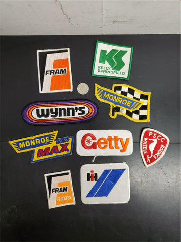 9 Vtg Automobilia Patches-Wynn's, Kelly Springfield, Monroe-Max, Fram, Getty