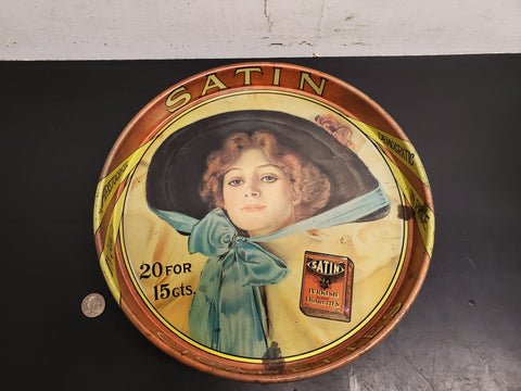 Vintage Advertising Tin Serving Tray Satin Turkish Blend Cigarettes lady w/Hat