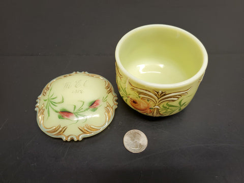 Antique 1912 Custard Glass Container W/ Ornate Lid Gorgeous Gold Flower Pattern!