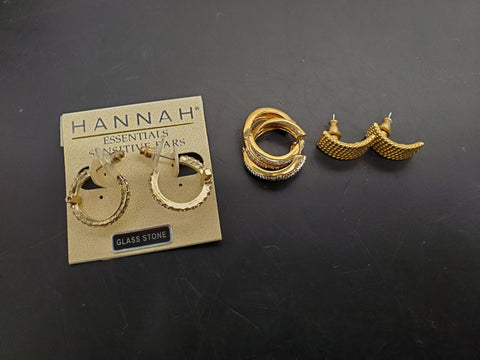 Collection of 3 Pairs of Women's Earrings-Hannah-Gold Cubic Zirconia Glass Stone