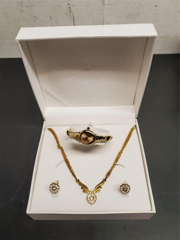 Gorgeous Matching Set Women's Gold/Diamond Necklace Wristwatch & Earrings Gift!!
