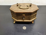 Ornate 1800's Brass Jewelry Vanity Casket Footed Heavy Box + Hair Clips &Perfume