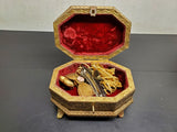 Ornate 1800's Brass Jewelry Vanity Casket Footed Heavy Box + Hair Clips &Perfume