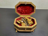 Ornate 1800's Brass Jewelry Vanity Casket Footed Heavy Box + Hair Clips &Perfume