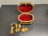 Ornate 1800's Brass Jewelry Vanity Casket Footed Heavy Box + Hair Clips &Perfume