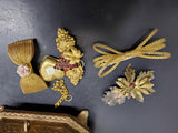 Ornate 1800's Brass Jewelry Vanity Casket Footed Heavy Box + Hair Clips &Perfume