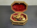 Ornate 1800's Brass Jewelry Vanity Casket Footed Heavy Box + Hair Clips &Perfume