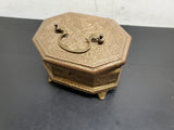 Ornate 1800's Brass Jewelry Vanity Casket Footed Heavy Box + Hair Clips &Perfume