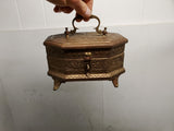 Ornate 1800's Brass Jewelry Vanity Casket Footed Heavy Box + Hair Clips &Perfume