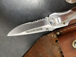 Vintage Winchester Folding Blade Knife Surgical Stainless Steel W/Leather Sheath