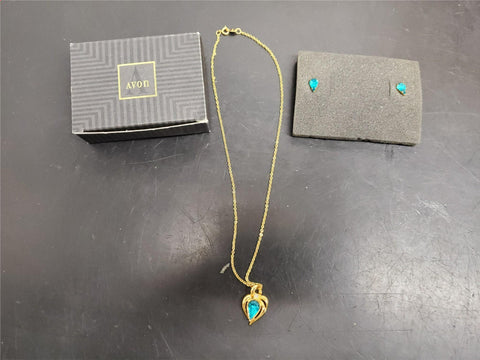 Avon Women's aquamarine look Earrings w/ Matching Necklace  Gem Set in Gold