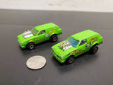 Vtg 1975 Pair Hot Wheels Poison Pintos Green/Yellow Skulls Hood Scoop HK Nice