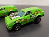 Vtg 1975 Pair Hot Wheels Poison Pintos Green/Yellow Skulls Hood Scoop HK Nice