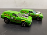 Vtg 1975 Pair Hot Wheels Poison Pintos Green/Yellow Skulls Hood Scoop HK Nice