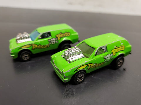 Vtg 1975 Pair Hot Wheels Poison Pintos Green/Yellow Skulls Hood Scoop HK Nice