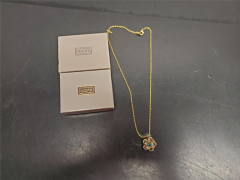 Avon Women's Flower Pendant Necklace Faux Gold/Diamond Green Gem Classy Present
