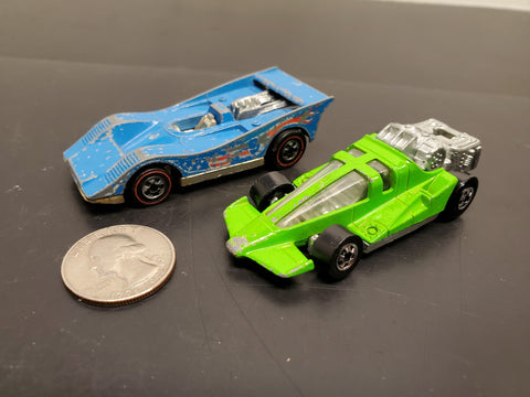 Vtg 1979 Hot Wheels Green Racecar & 1973 Blue Racecar Mattel Hong Kong Collectib