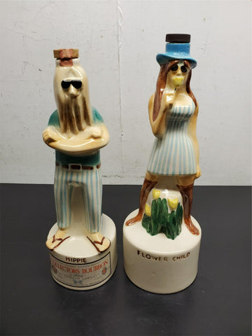 Vtg EMPTY 1968 Royal Enfield Flower Child & Hippie Porcelain Liquor Decanters