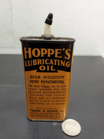 Vtg Hoppe's Lubricating Oil Lead Top 3 Ounce Tin Can Oval Mancave Garage Unique