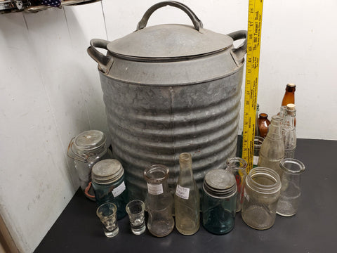 Vtg Antique Lot Ft. Large Bin (21"X16") & 17 Mason Jars Shot Glasses Bottles Etc