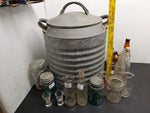 Vtg Antique Lot Ft. Large Bin (21"X16") & 17 Mason Jars Shot Glasses Bottles Etc