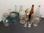 Vtg Antique Lot Ft. Large Bin (21"X16") & 17 Mason Jars Shot Glasses Bottles Etc