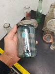 Vtg Antique Lot Ft. Large Bin (21"X16") & 17 Mason Jars Shot Glasses Bottles Etc